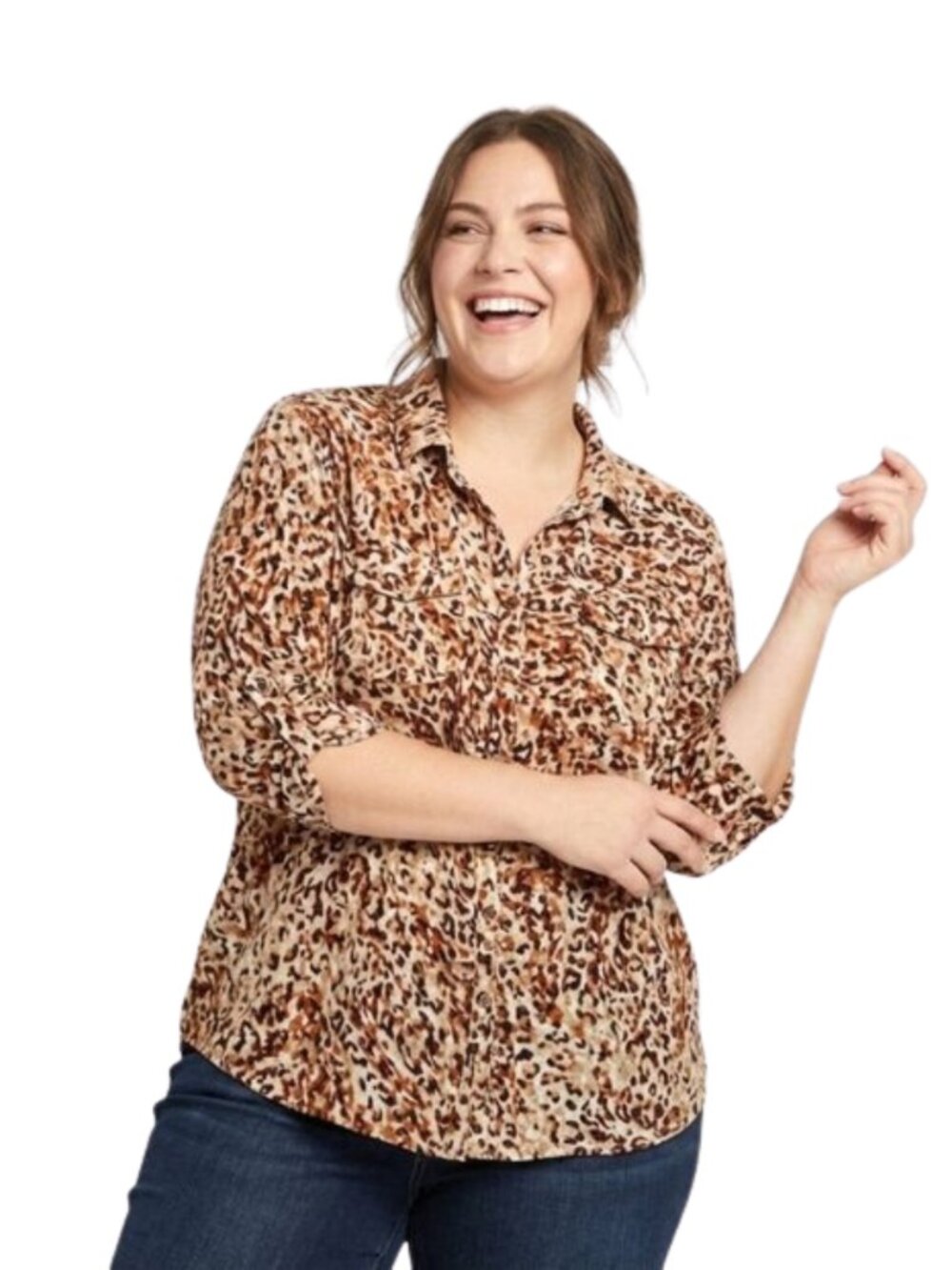 Emily Daniels Animal Print Button Down Top 1X Sequin Detail Lightweight Mob Wife